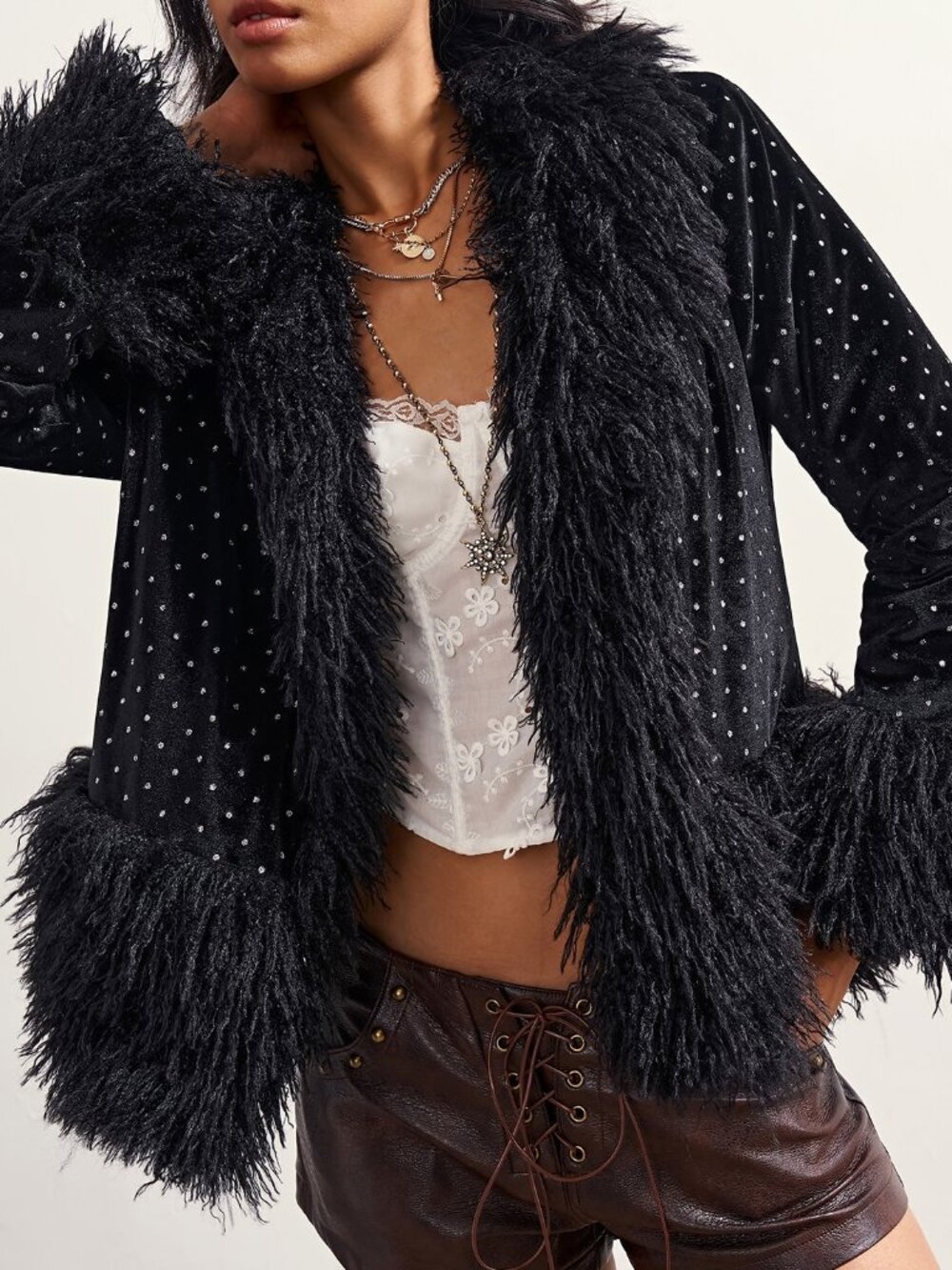 Black Casual Women's Polka Dot Loose Short Contrast Faux Fur Rhinestone Cardigan